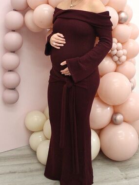 Meshki Off-the-Shoulder Burgundy Maternity Maxi Dress